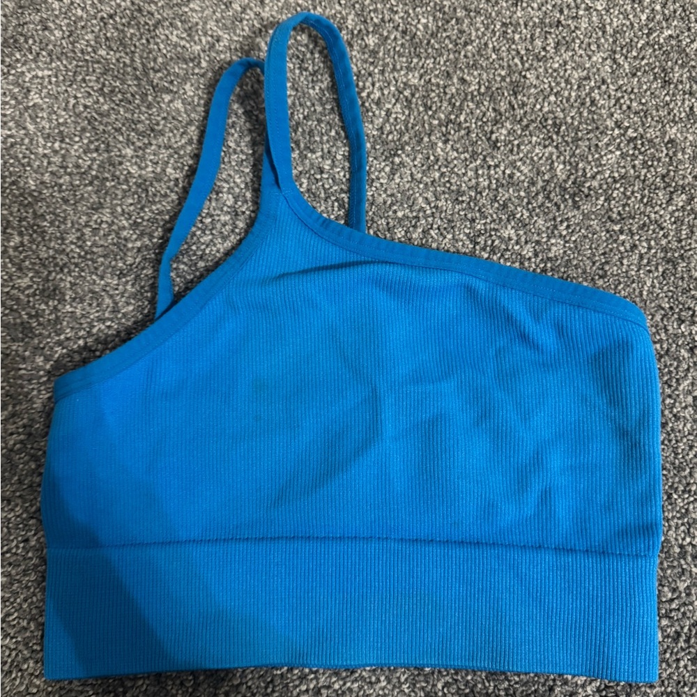 One-Shoulder Blue Ribbed Crop Top